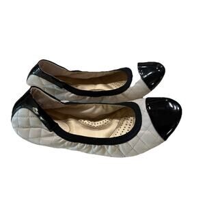 Dexflex Comfort Womens 10 Ballet Flats Beige Black Quilted Faux Leather Cap Toe